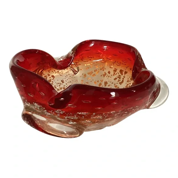 Murano Venetian Art Glass Bowl Hand Blown Red And Gold Flecks Italy MCM Vintage - Picture 9 of 16